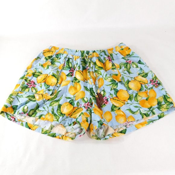 For Cynthia Shorts Linen Blend Bottoms Wm L Blue with Lemon Print Elastic Waist - Picture 1 of 12